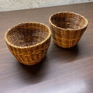 PAIR Vintage Medium Brown Woven Planter Baskets Boho Cottage Decor 6.5"
